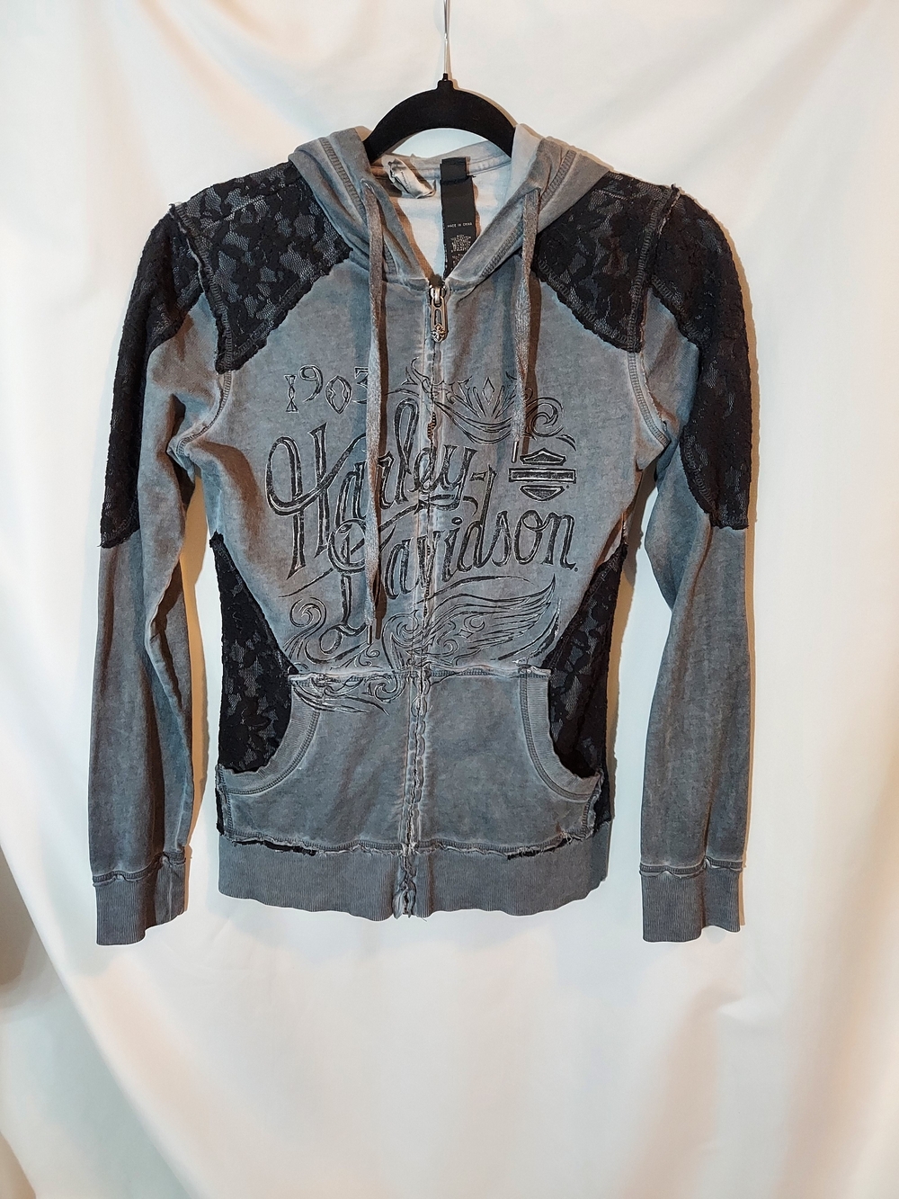 Harley-Davidson Y2K Mineral Wash Lace Accent Zip-Up Hoodie S